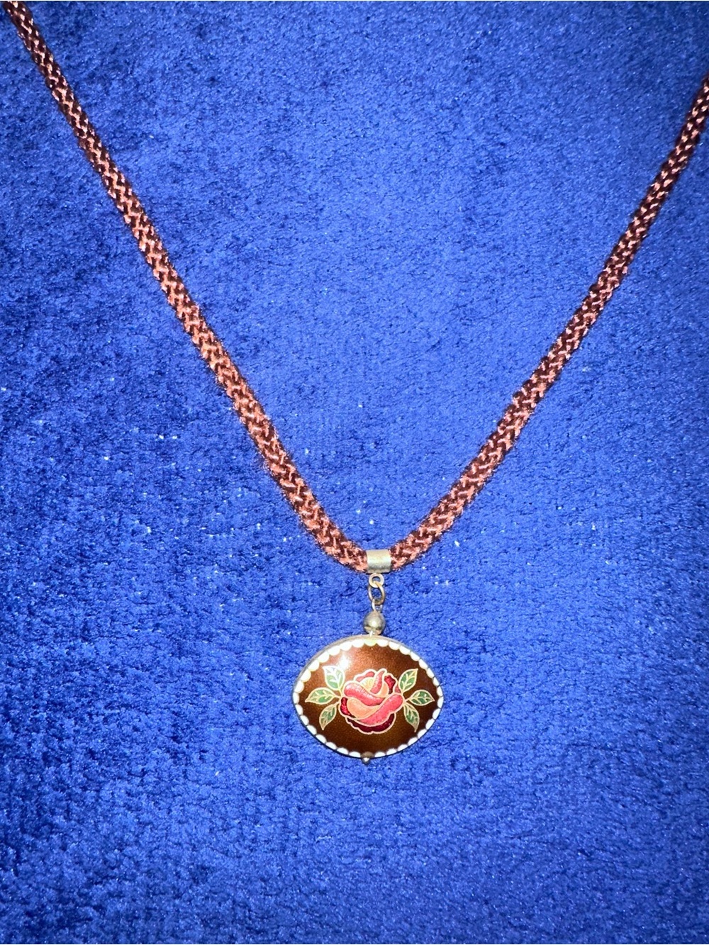Vintage Enamel Rose Brown Cord Double Sided Pendant Necklace 26”